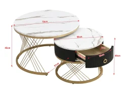 Mesa De Centro* Conjunto de 2 mesas de centro encaixáveis, elegantes e empilháveis, mesa de apoio com decoração efeito mármore dourado com gaveta, 70x70x45cm+50x50x40cm, Branco