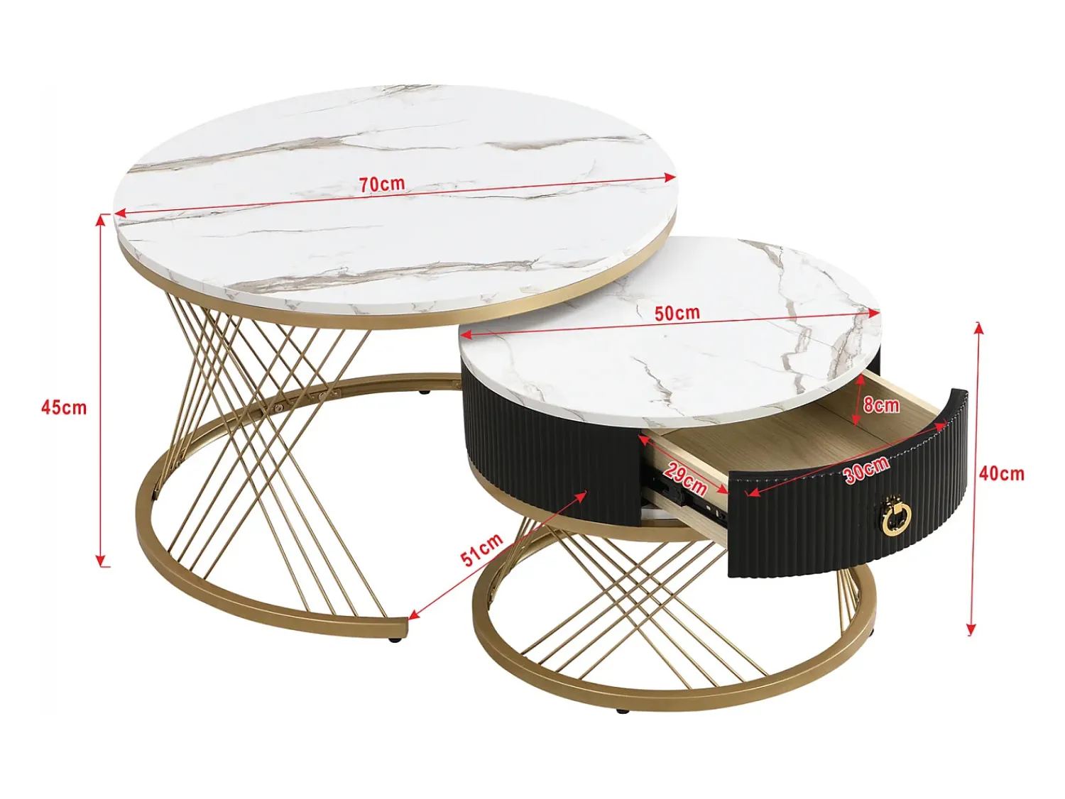 Mesa De Centro* Conjunto de 2 mesas de centro encaixáveis, elegantes e empilháveis, mesa de apoio com decoração efeito mármore dourado com gaveta, 70x70x45cm+50x50x40cm, Branco
