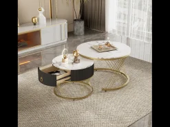 Mesa De Centro* Conjunto de 2 mesas de centro encaixáveis, elegantes e empilháveis, mesa de apoio com decoração efeito mármore dourado com gaveta, 70x70x45cm+50x50x40cm, Branco