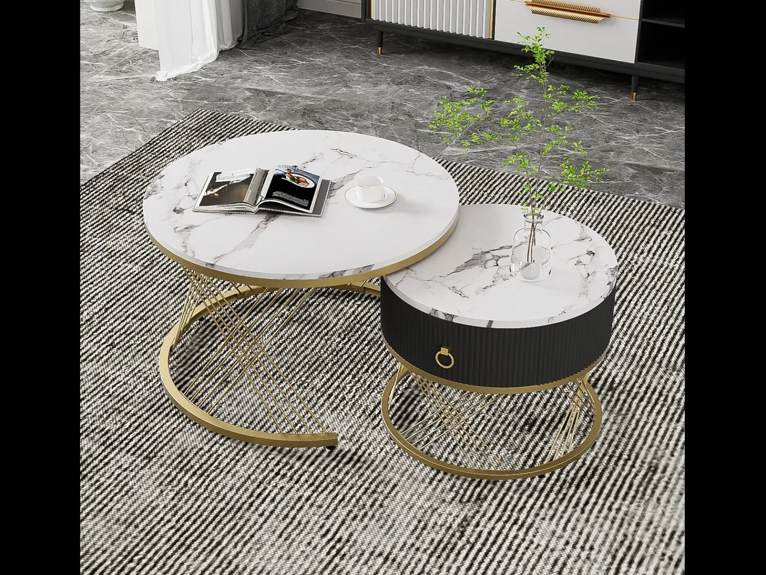 Mesa De Centro* Conjunto de 2 mesas de centro encaixáveis, elegantes e empilháveis, mesa de apoio com decoração efeito mármore dourado com gaveta, 70x70x45cm+50x50x40cm, Branco