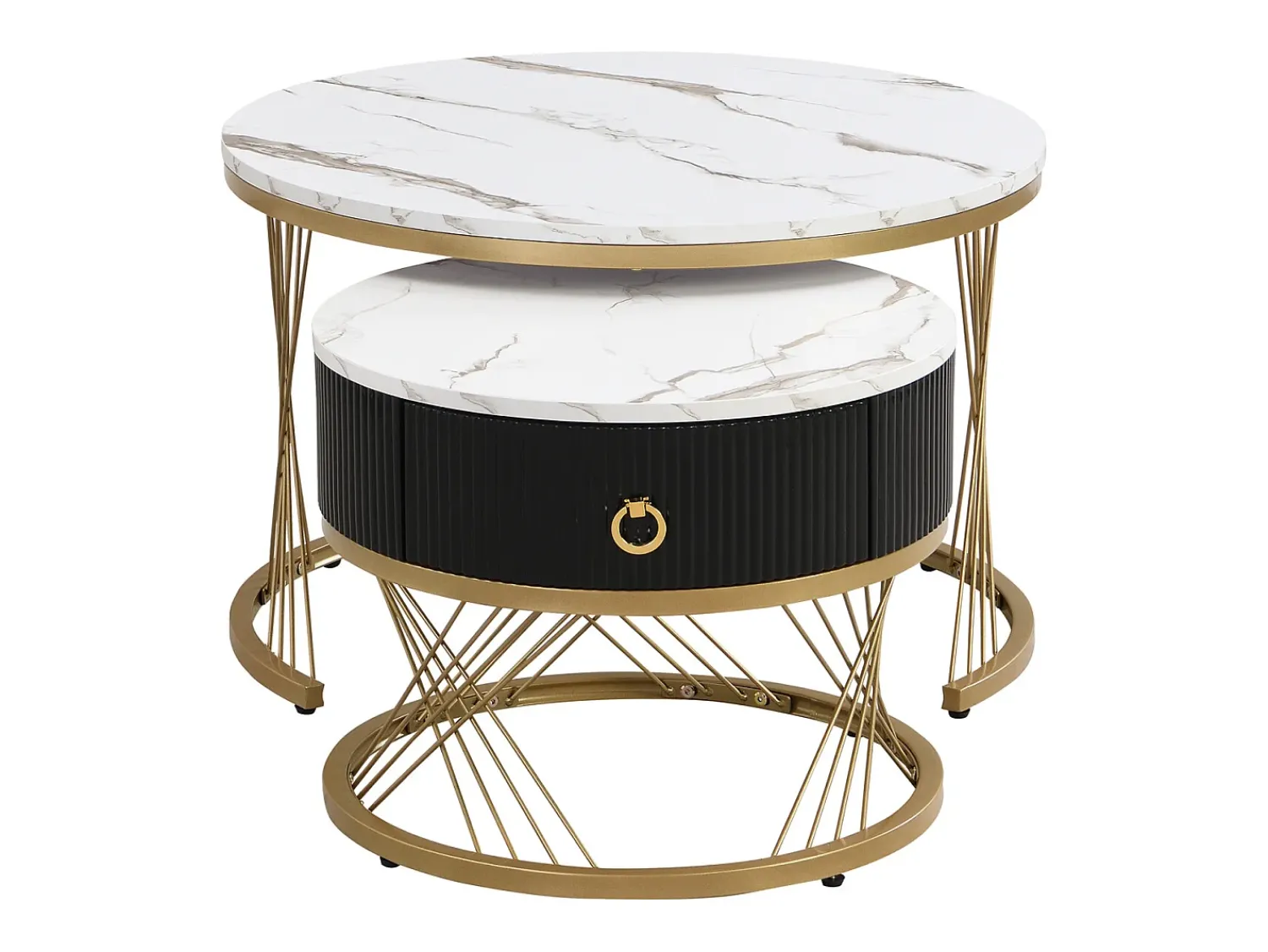 Mesa De Centro* Conjunto de 2 mesas de centro encaixáveis, elegantes e empilháveis, mesa de apoio com decoração efeito mármore dourado com gaveta, 70x70x45cm+50x50x40cm, Branco