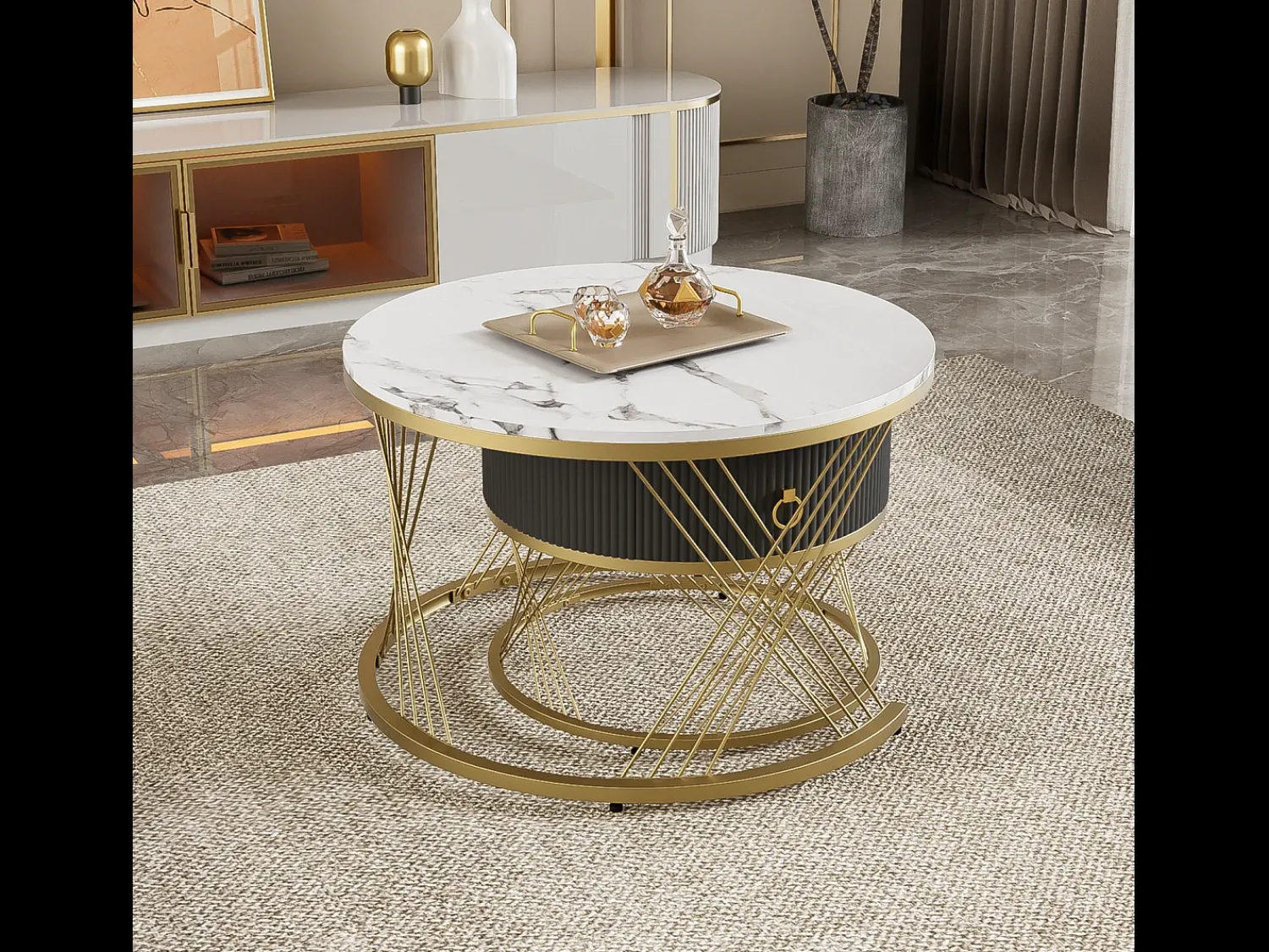 Mesa De Centro* Conjunto de 2 mesas de centro encaixáveis, elegantes e empilháveis, mesa de apoio com decoração efeito mármore dourado com gaveta, 70x70x45cm+50x50x40cm, Branco