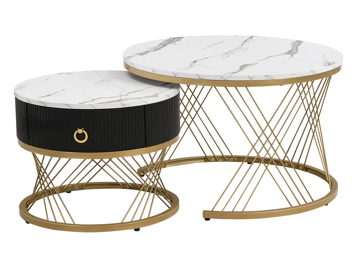 Mesa De Centro* Conjunto de 2 mesas de centro encaixáveis, elegantes e empilháveis, mesa de apoio com decoração efeito mármore dourado com gaveta, 70x70x45cm+50x50x40cm, Branco