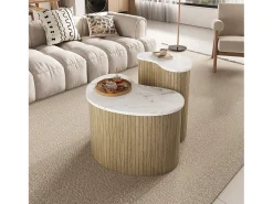 Mesa De Centro*Merax Conjunto de 2 mesas de centro com efeito mármore e madeira - mesa multifuncional para sala de estar - MDF - natural + branco Natural claro