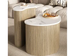 Mesa De Centro*Merax Conjunto de 2 mesas de centro com efeito mármore e madeira - mesa multifuncional para sala de estar - MDF - natural + branco Natural claro