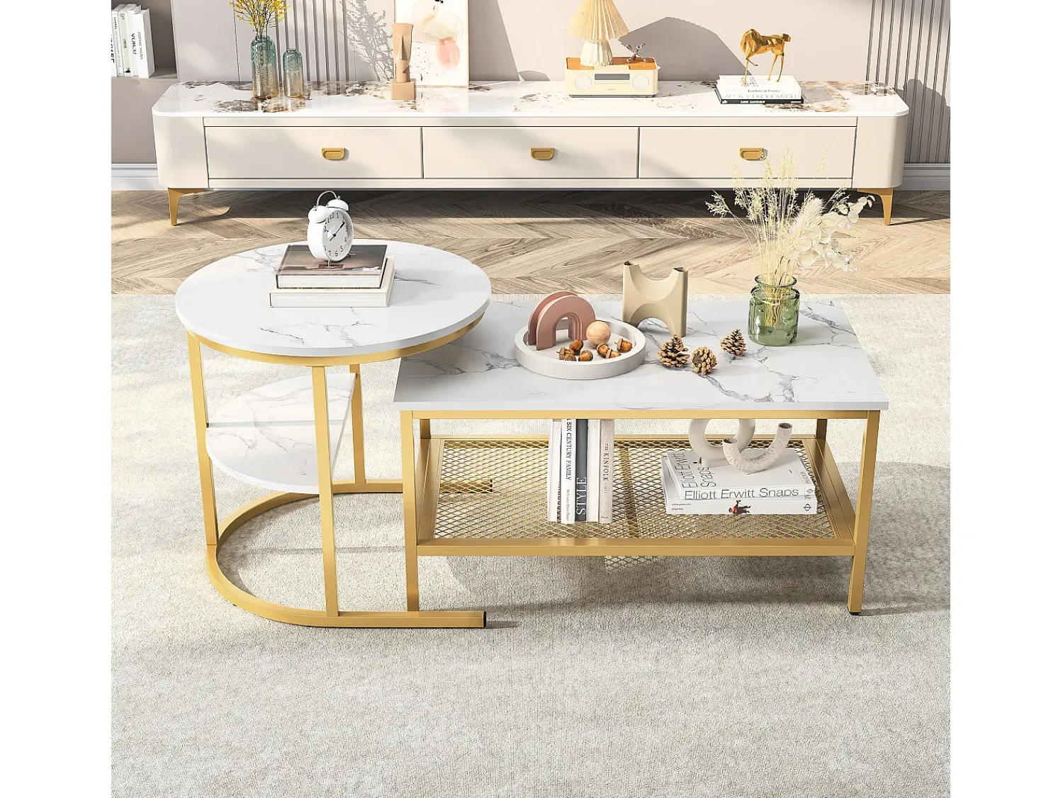 Mesa De Centro| Conjunto de 2 mesas de centro modernas empilháveis, mesas laterais redondas para sofá e quarto, douradas. Dourado