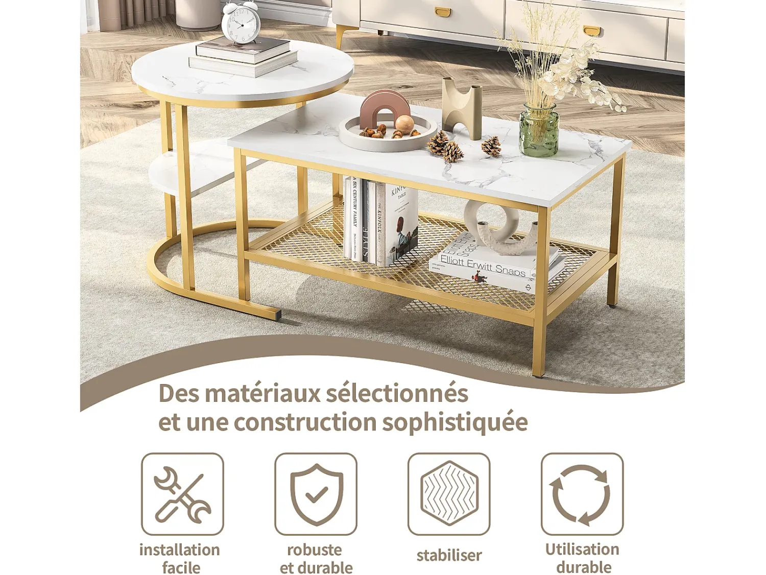 Mesa De Centro| Conjunto de 2 mesas de centro modernas empilháveis, mesas laterais redondas para sofá e quarto, douradas. Dourado