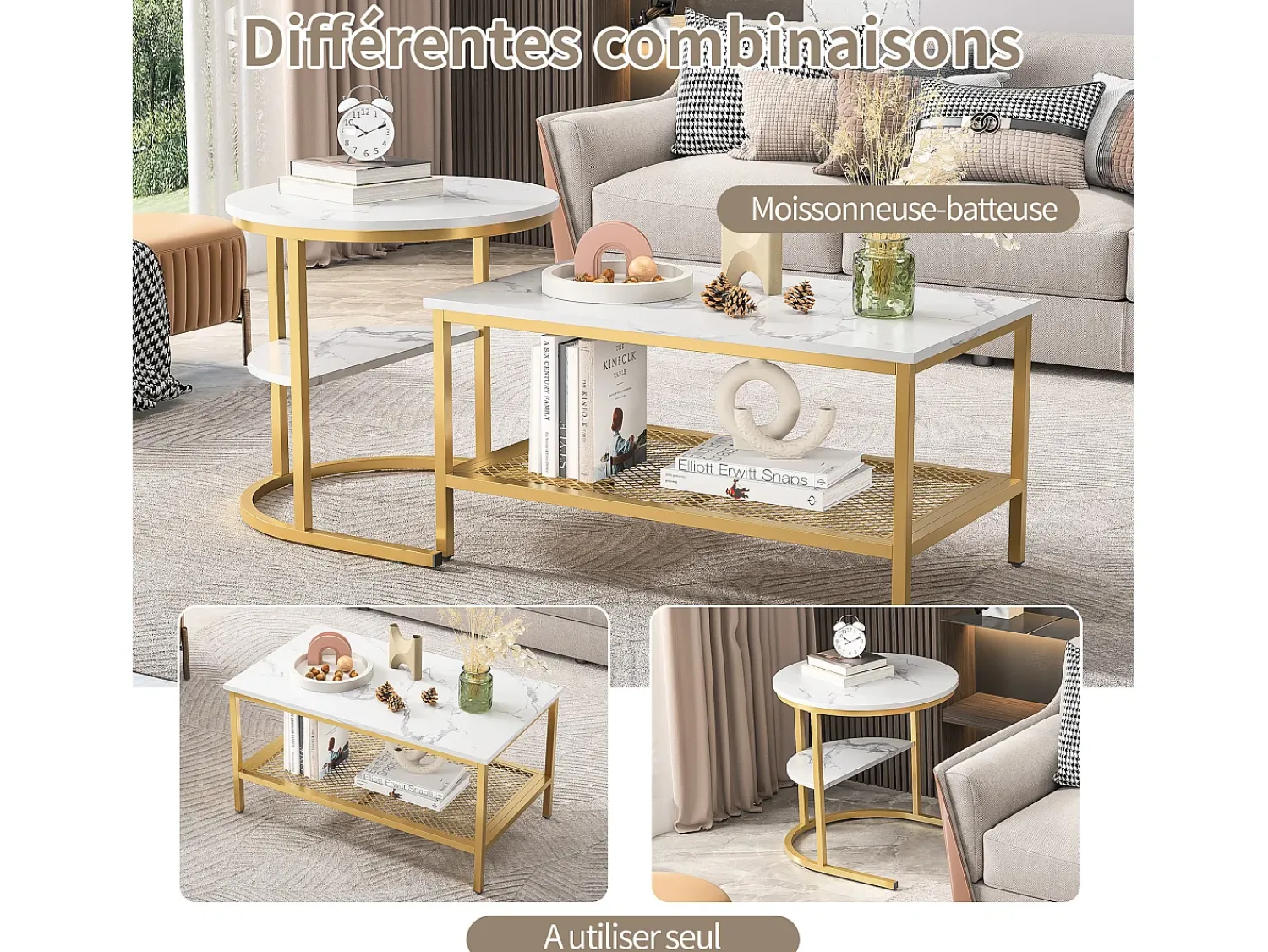 Mesa De Centro| Conjunto de 2 mesas de centro modernas empilháveis, mesas laterais redondas para sofá e quarto, douradas. Dourado