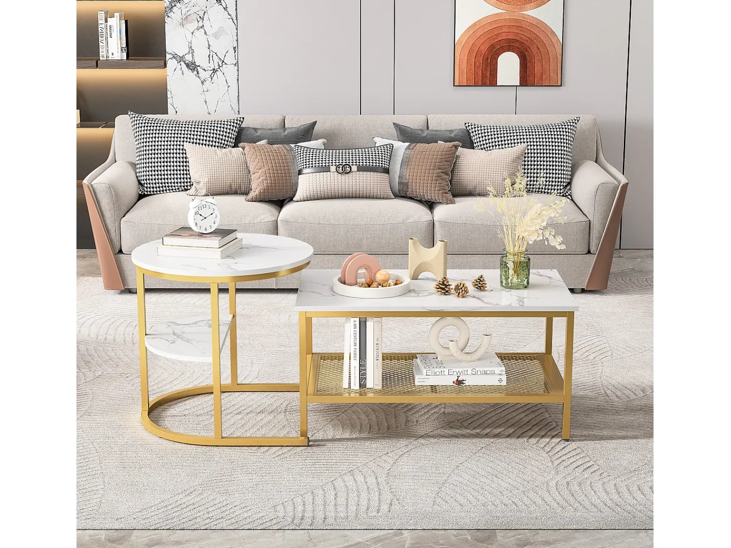 Mesa De Centro| Conjunto de 2 mesas de centro modernas empilháveis, mesas laterais redondas para sofá e quarto, douradas. Dourado