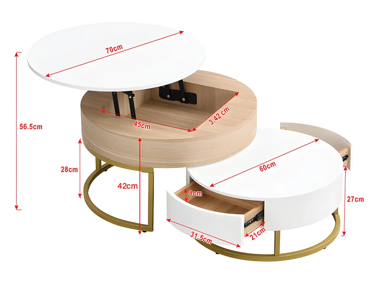 Hot Merax Conjunto de 2 mesas de centro encaixáveis com tampo elevável e 2 gavetas - Pernas douradas - Madeira MDF - + carvalho Branco