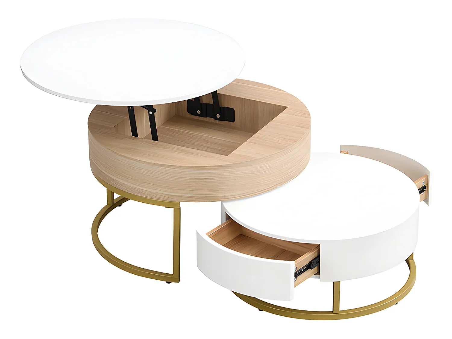 Hot Merax Conjunto de 2 mesas de centro encaixáveis com tampo elevável e 2 gavetas - Pernas douradas - Madeira MDF - + carvalho Branco