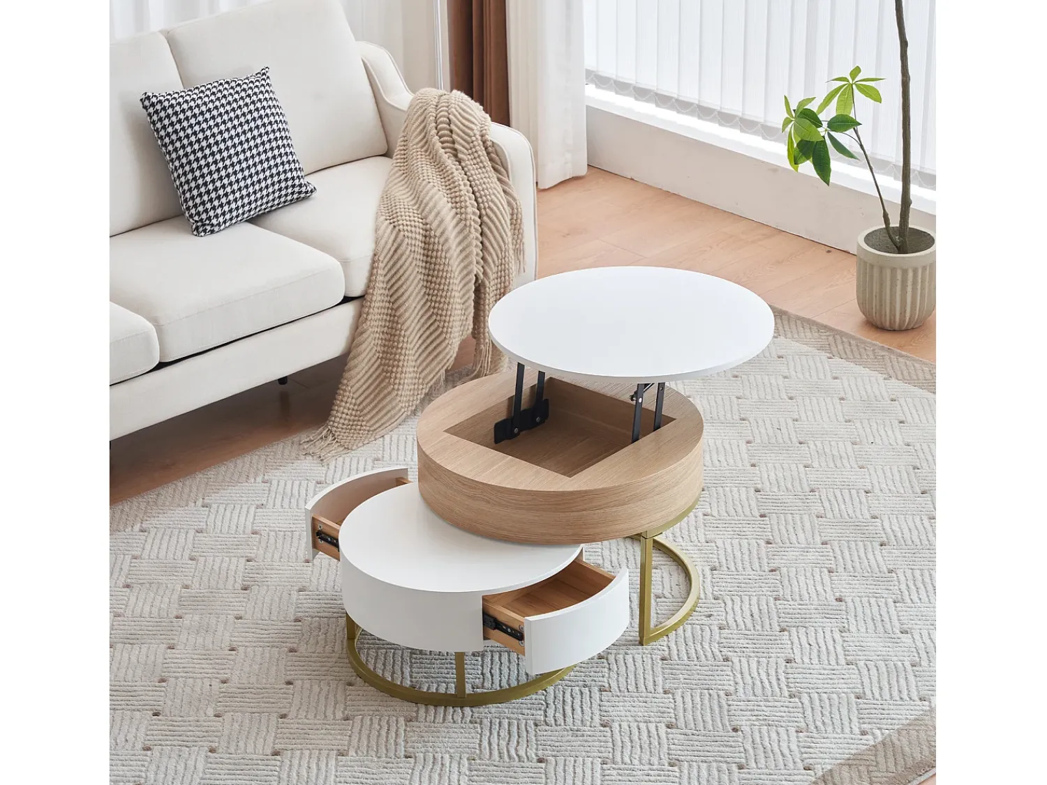 Hot Merax Conjunto de 2 mesas de centro encaixáveis com tampo elevável e 2 gavetas - Pernas douradas - Madeira MDF - + carvalho Branco