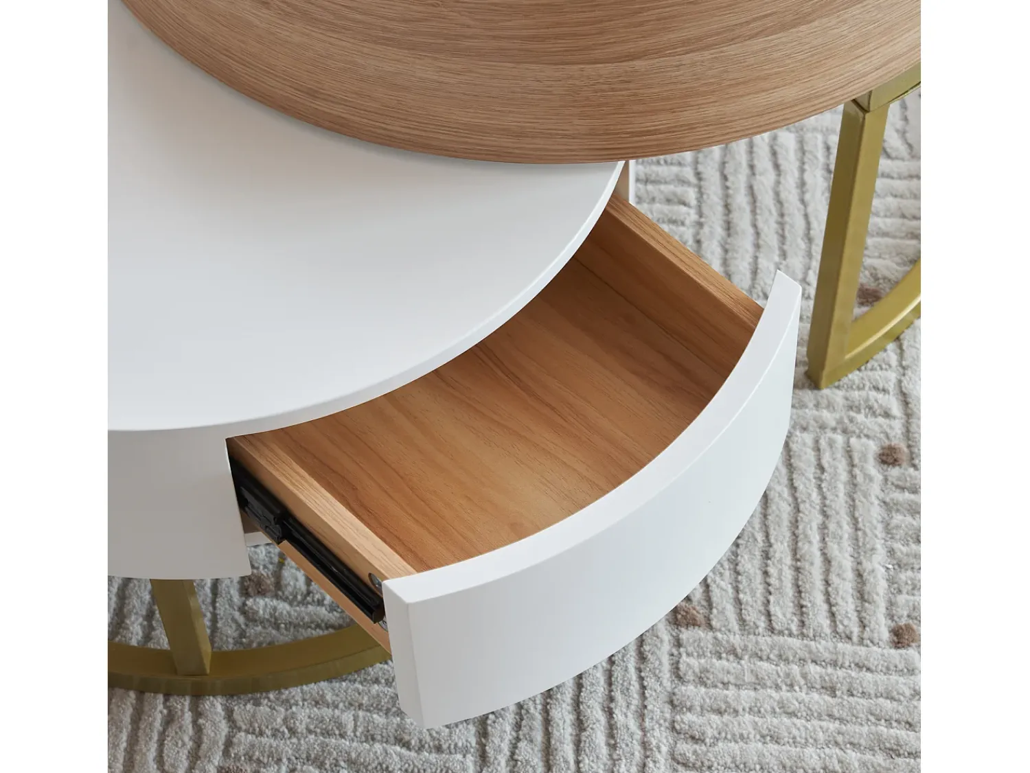 Hot Merax Conjunto de 2 mesas de centro encaixáveis com tampo elevável e 2 gavetas - Pernas douradas - Madeira MDF - + carvalho Branco