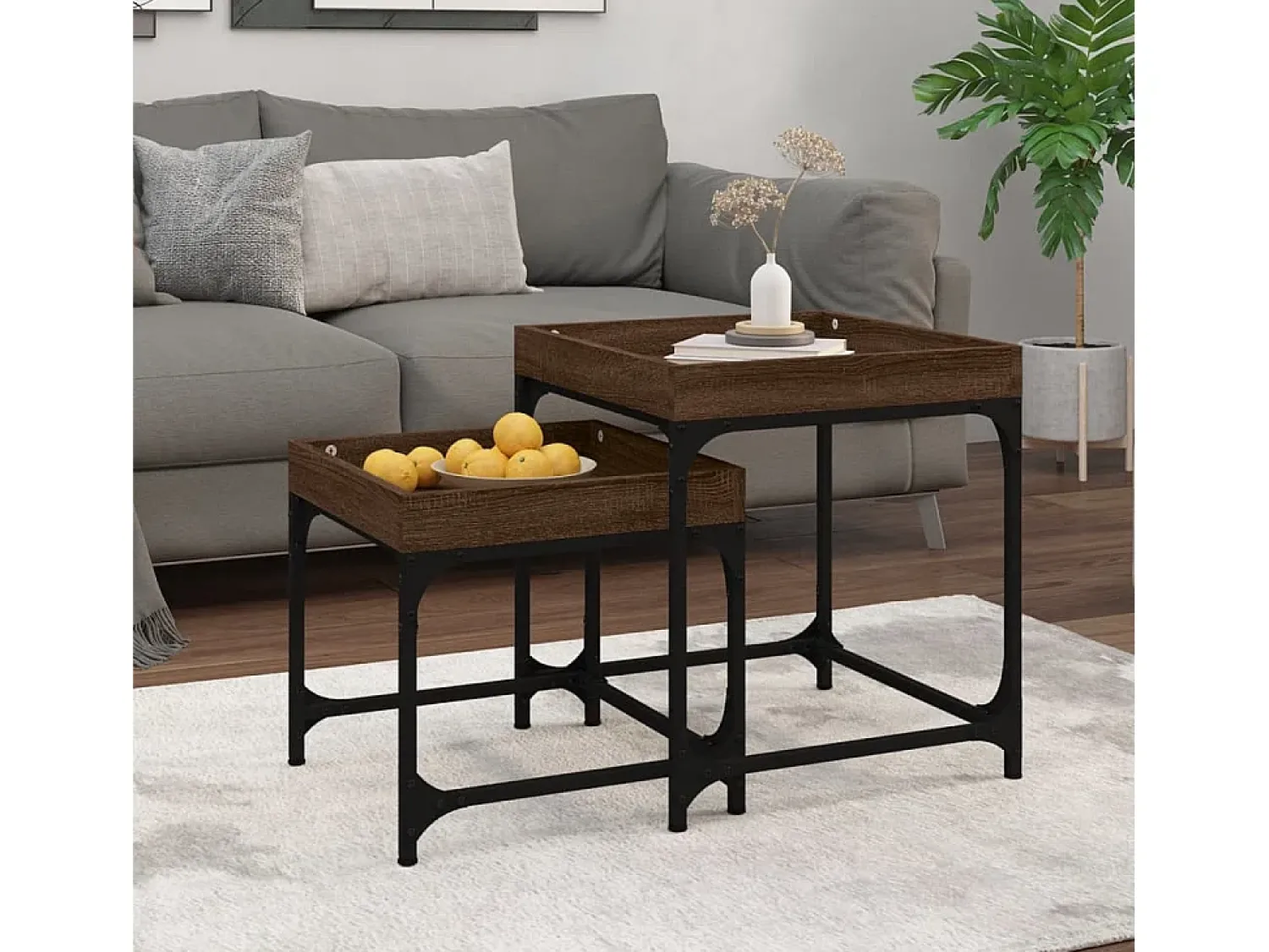 Mesa De Centro* Conjunto de 2 Mesas de Centro | Mesa de apoio | Mesa de café derivados de madeira carvalho Castanho