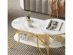 Mesa De Centro| Conjunto de 2 mesas de centro encaixáveis, mesa de centro redonda em mármore, mesas laterais redondas, dourado + Branco