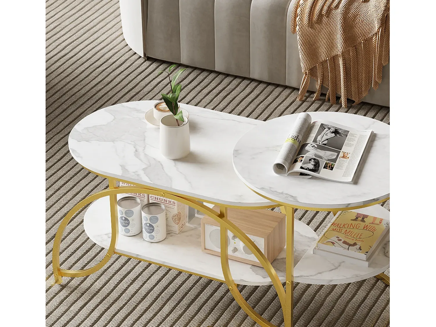 Mesa De Centro| Conjunto de 2 mesas de centro encaixáveis, mesa de centro redonda em mármore, mesas laterais redondas, dourado + Branco