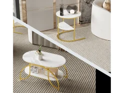 Mesa De Centro| Conjunto de 2 mesas de centro encaixáveis, mesa de centro redonda em mármore, mesas laterais redondas, dourado + Branco