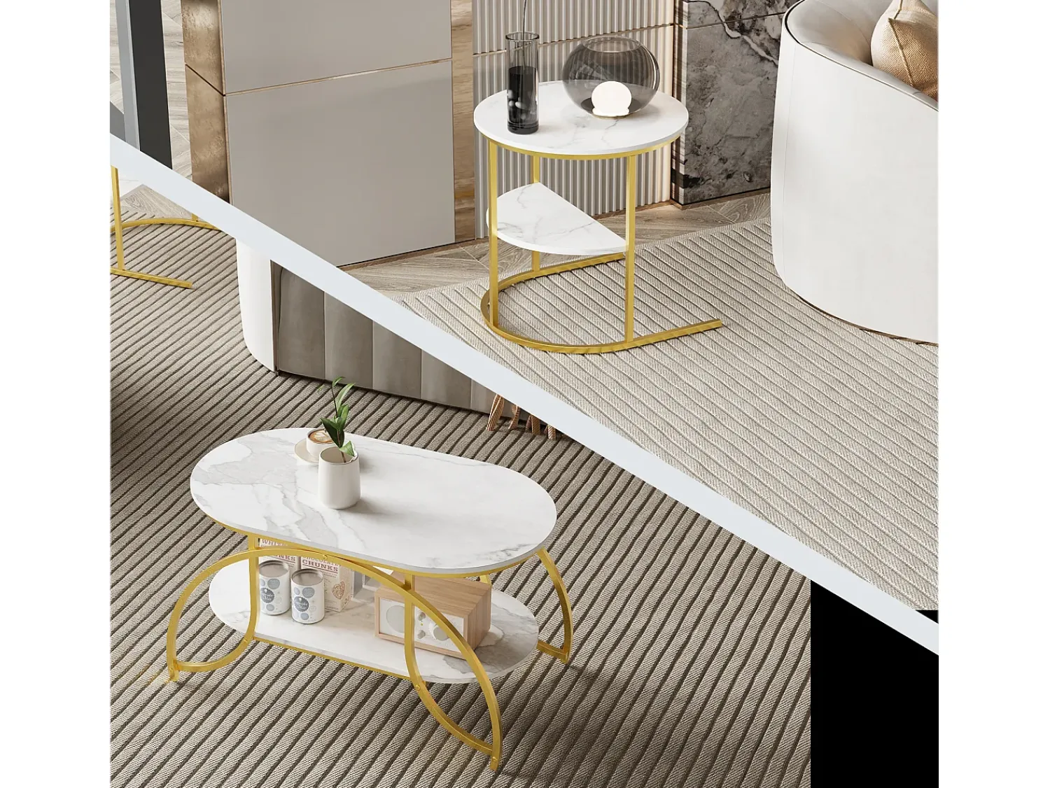Mesa De Centro| Conjunto de 2 mesas de centro encaixáveis, mesa de centro redonda em mármore, mesas laterais redondas, dourado + Branco