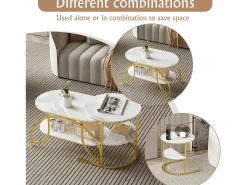 Mesa De Centro| Conjunto de 2 mesas de centro encaixáveis, mesa de centro redonda em mármore, mesas laterais redondas, dourado + Branco