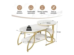 Mesa De Centro| Conjunto de 2 mesas de centro encaixáveis, mesa de centro redonda em mármore, mesas laterais redondas, dourado + Branco