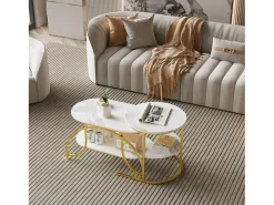 Mesa De Centro| Conjunto de 2 mesas de centro encaixáveis, mesa de centro redonda em mármore, mesas laterais redondas, dourado + Branco