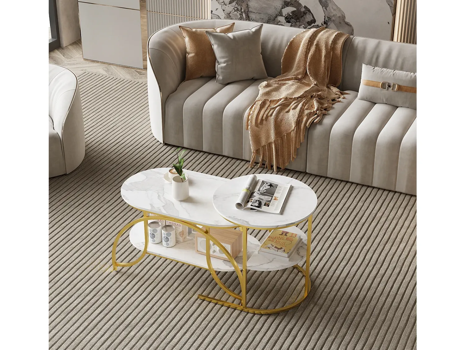 Mesa De Centro| Conjunto de 2 mesas de centro encaixáveis, mesa de centro redonda em mármore, mesas laterais redondas, dourado + Branco