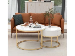 Discount Merax Conjunto de 2 mesas de centro encaixáveis com padrão de mármore e gaveta - 70 x 70 x 48 cm + 50 x 50 x 43,5 cm - MDF - Branco