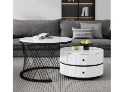 Mesa De Centro|Merax Conjunto de 2 mesas de centro redondas encaixáveis com 2 gavetas - 60x60x46cm + 50x50x30,8cm - Padrão mármore - Madeira MDF e metal - Branco + preto Preto / Branco