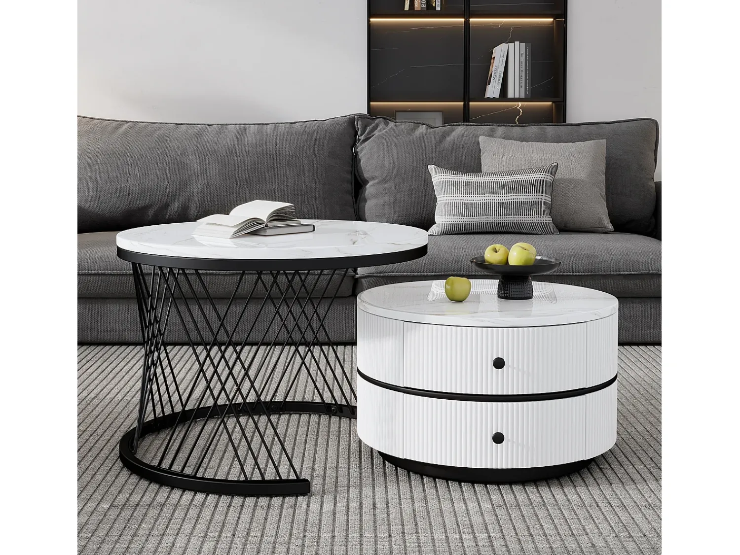 Mesa De Centro|Merax Conjunto de 2 mesas de centro redondas encaixáveis com 2 gavetas - 60x60x46cm + 50x50x30,8cm - Padrão mármore - Madeira MDF e metal - Branco + preto Preto / Branco