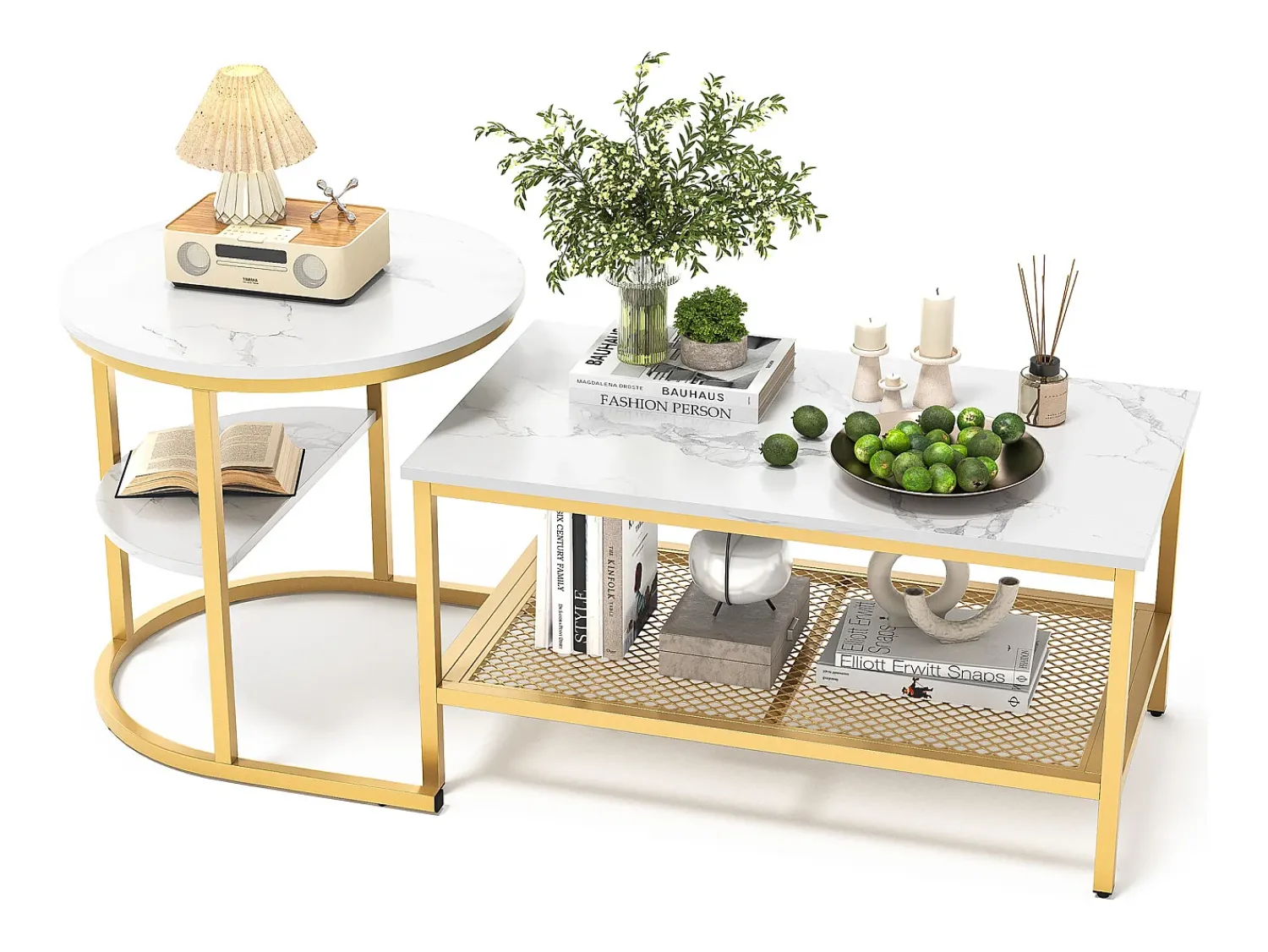 Mesa De Centro| Conjunto de 2 mesas de centro escandinavas - Mesa de apoio retangular com estampado de mármore - Apoios para os pés ajustáveis - Estrutura em metal dourado Branco