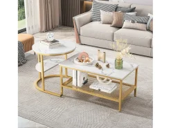 Mesa De Centro| Conjunto de 2 mesas de centro escandinavas - Mesa de apoio retangular com estampado de mármore - Apoios para os pés ajustáveis - Estrutura em metal dourado Branco