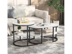 Mesa De Centro* Conjunto de 2 mesas de centro com estrutura metálica e prateleira, estilo moderno para sala de estar, pretas. Preto