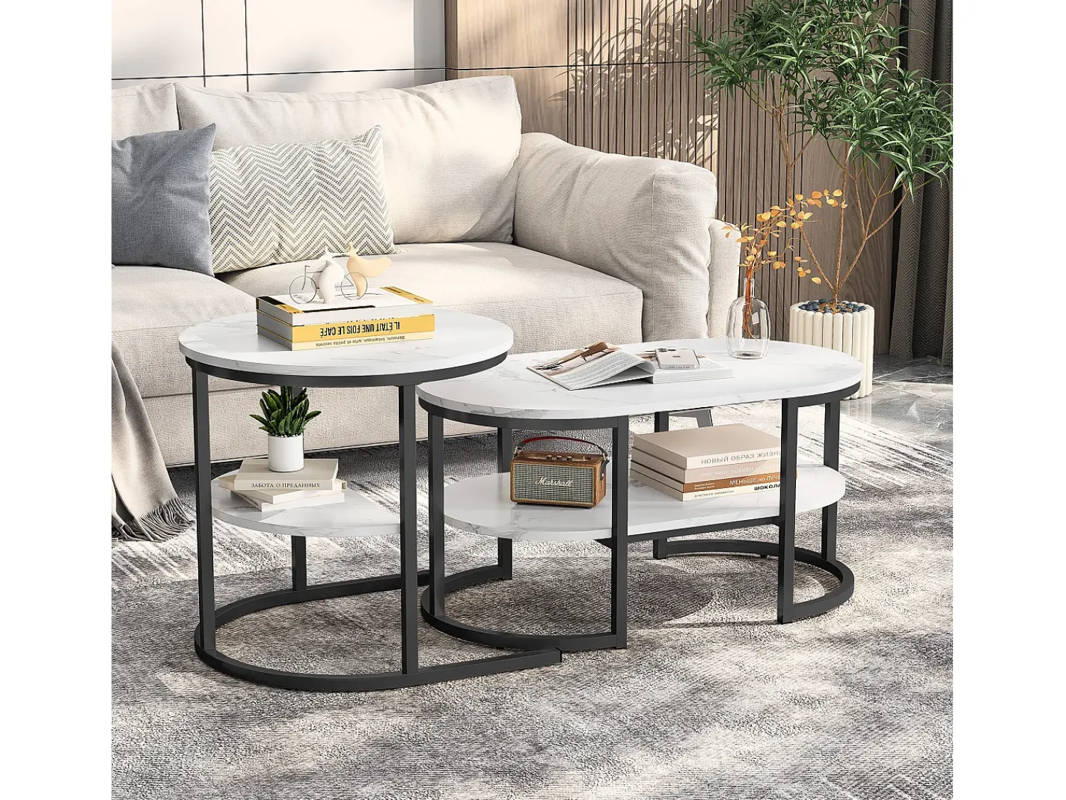 Mesa De Centro* Conjunto de 2 mesas de centro com estrutura metálica e prateleira, estilo moderno para sala de estar, pretas. Preto