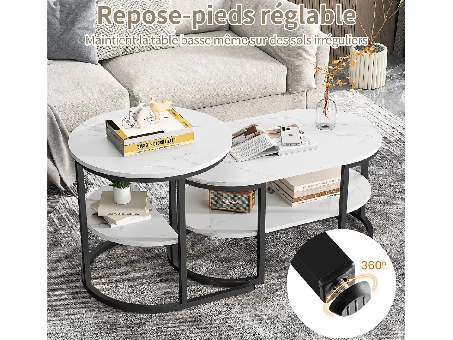 Mesa De Centro* Conjunto de 2 mesas de centro com estrutura metálica e prateleira, estilo moderno para sala de estar, pretas. Preto
