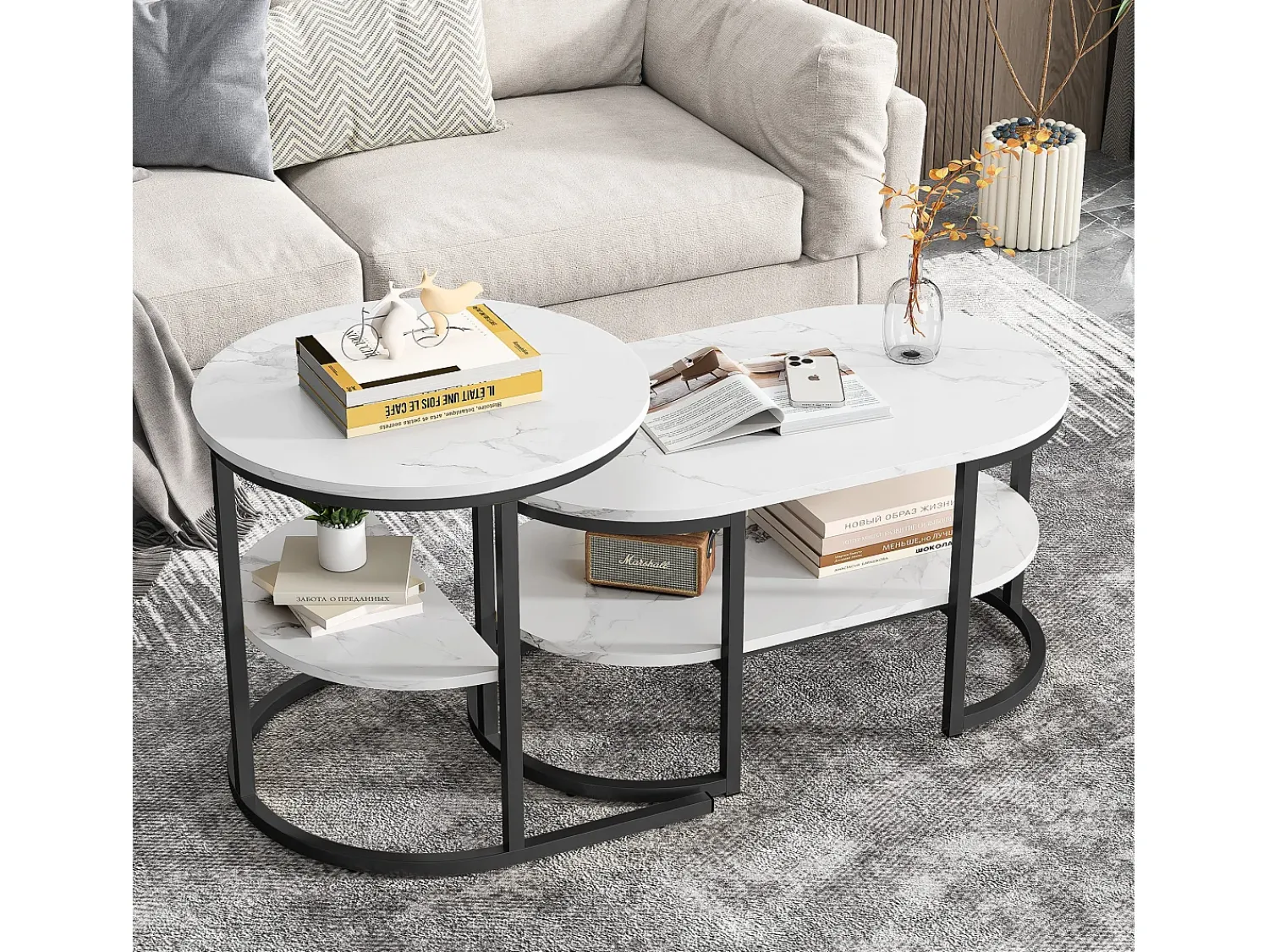 Mesa De Centro* Conjunto de 2 mesas de centro com estrutura metálica e prateleira, estilo moderno para sala de estar, pretas. Preto