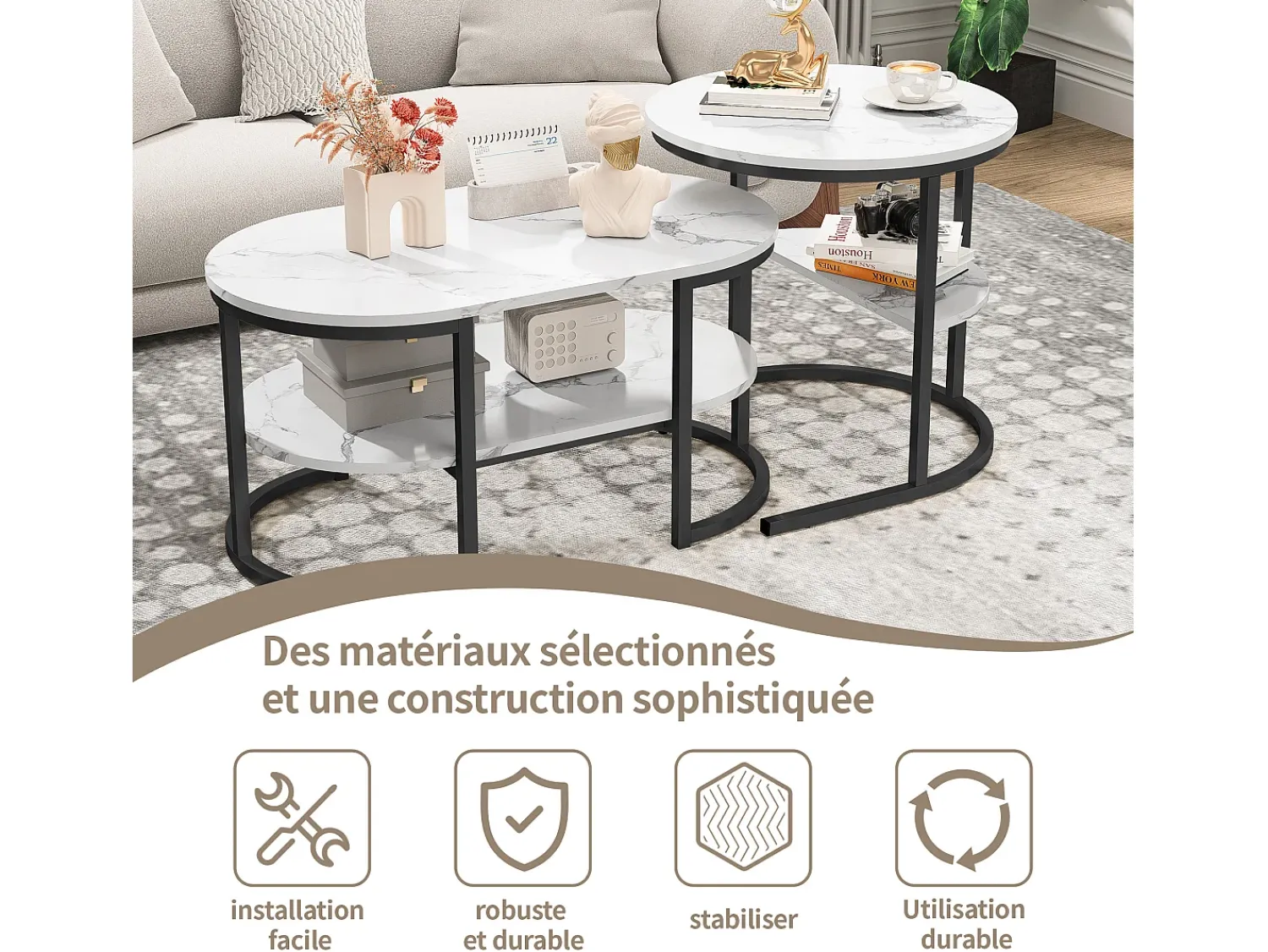 Mesa De Centro* Conjunto de 2 mesas de centro com estrutura metálica e prateleira, estilo moderno para sala de estar, pretas. Preto