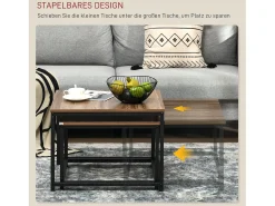 Clearance Conjunto de 2 mesas de centro encaixáveis 60/54, design industrial, empilháveis, para sala de estar, quarto, cor natural. Natural claro