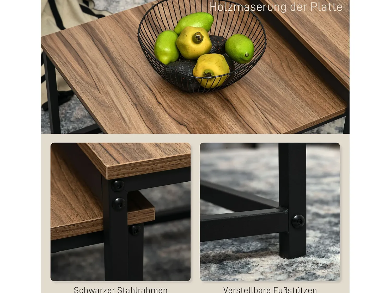 Clearance Conjunto de 2 mesas de centro encaixáveis 60/54, design industrial, empilháveis, para sala de estar, quarto, cor natural. Natural claro