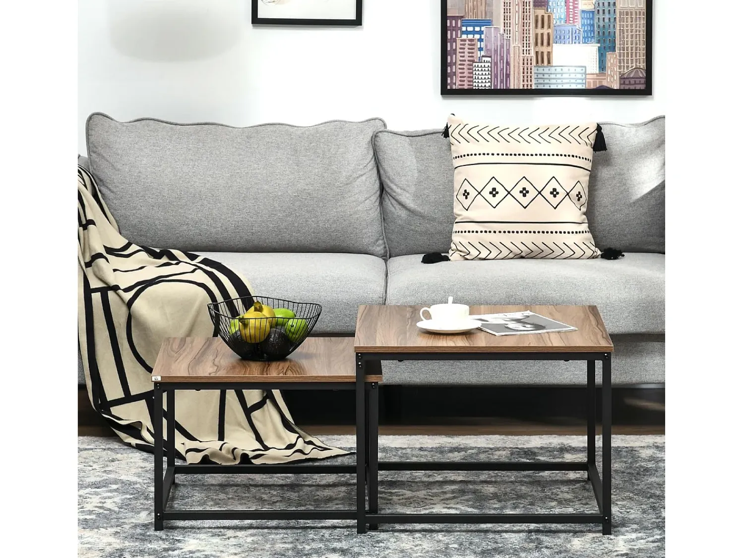 Clearance Conjunto de 2 mesas de centro encaixáveis 60/54, design industrial, empilháveis, para sala de estar, quarto, cor natural. Natural claro