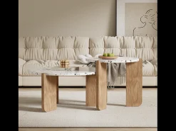 Merax Conjunto de 2 mesas de centro encaixáveis - Padrão de cores entrelaçadas - Madeira MDF - Branco + natural^ Mesa De Centro
