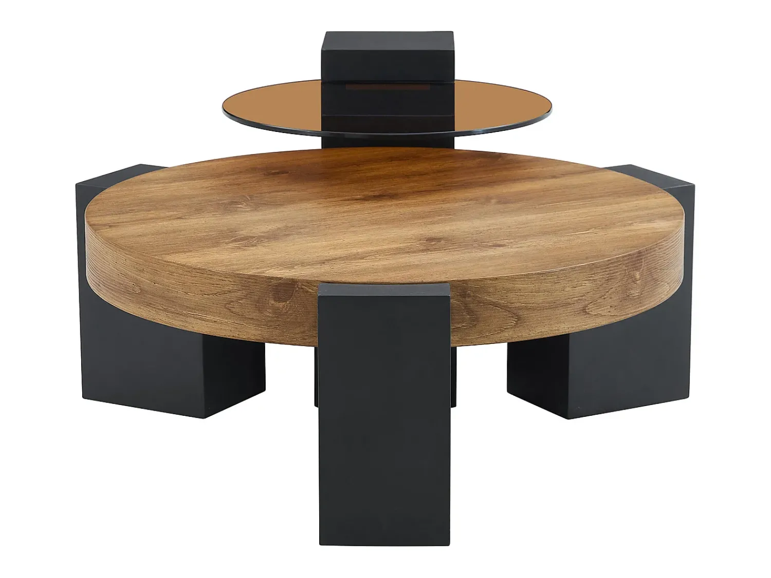 Mesa De Centro|Hauss Spole Conjunto de 2 mesas de centro - Mesas redondas com acabamento em madeira - Madeira MDF + vidro - Cor: madeira e preto Natural claro