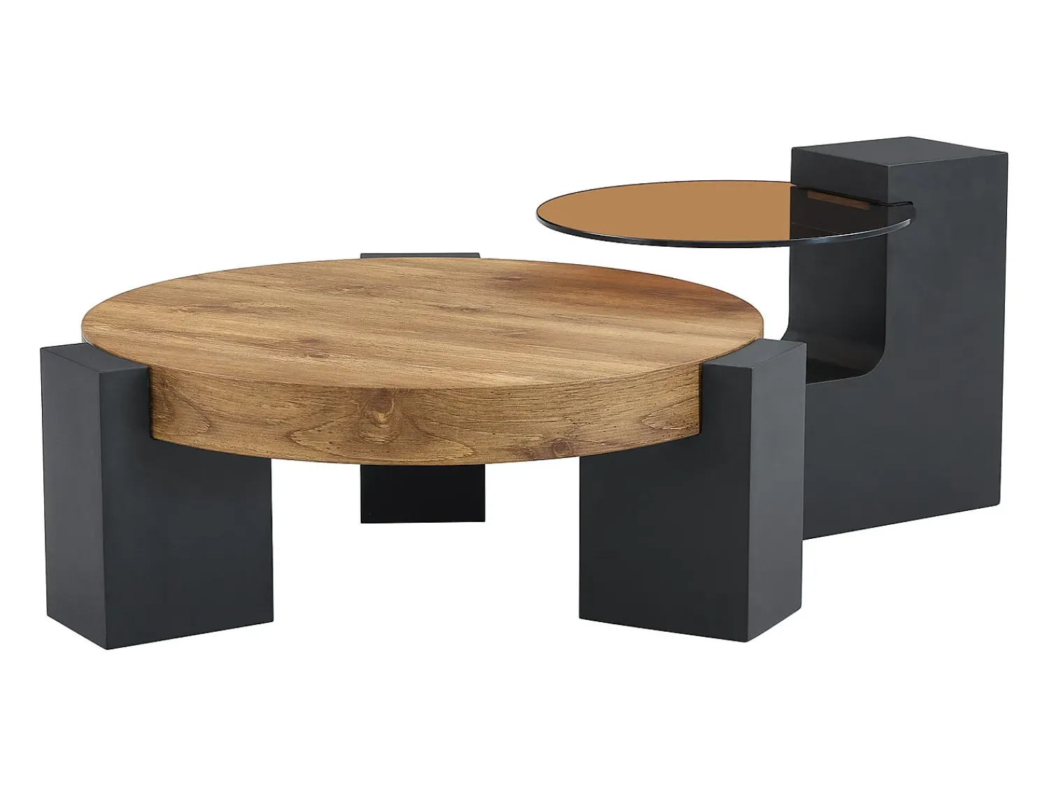 Mesa De Centro|Hauss Spole Conjunto de 2 mesas de centro - Mesas redondas com acabamento em madeira - Madeira MDF + vidro - Cor: madeira e preto Natural claro