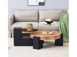 Mesa De Centro|Hauss Spole Conjunto de 2 mesas de centro - Mesas redondas com acabamento em madeira - Madeira MDF + vidro - Cor: madeira e preto Natural claro