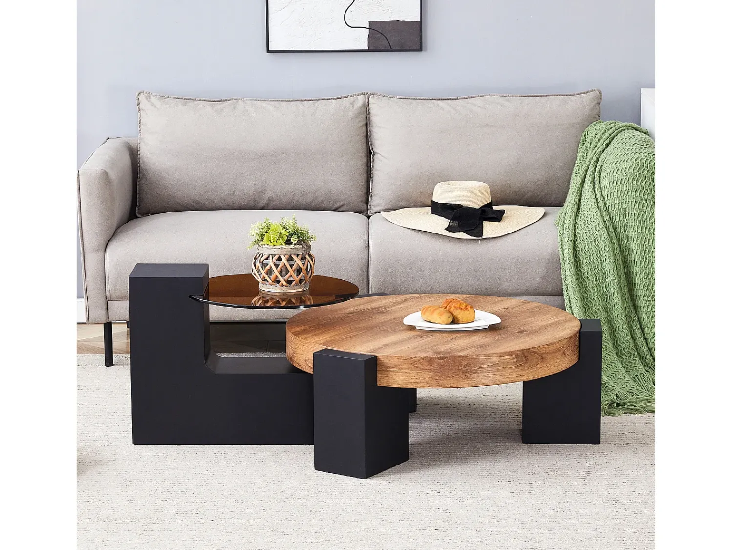 Mesa De Centro|Hauss Spole Conjunto de 2 mesas de centro - Mesas redondas com acabamento em madeira - Madeira MDF + vidro - Cor: madeira e preto Natural claro