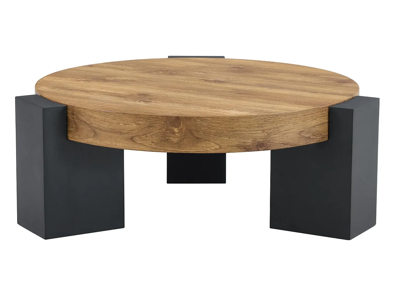 Mesa De Centro|Hauss Spole Conjunto de 2 mesas de centro - Mesas redondas com acabamento em madeira - Madeira MDF + vidro - Cor: madeira e preto Natural claro