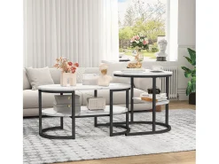 Mesa De Centro* Conjunto de 2 mesas de centro encaixáveis, mesa encaixável com design de mármore, estrutura de metal Preto