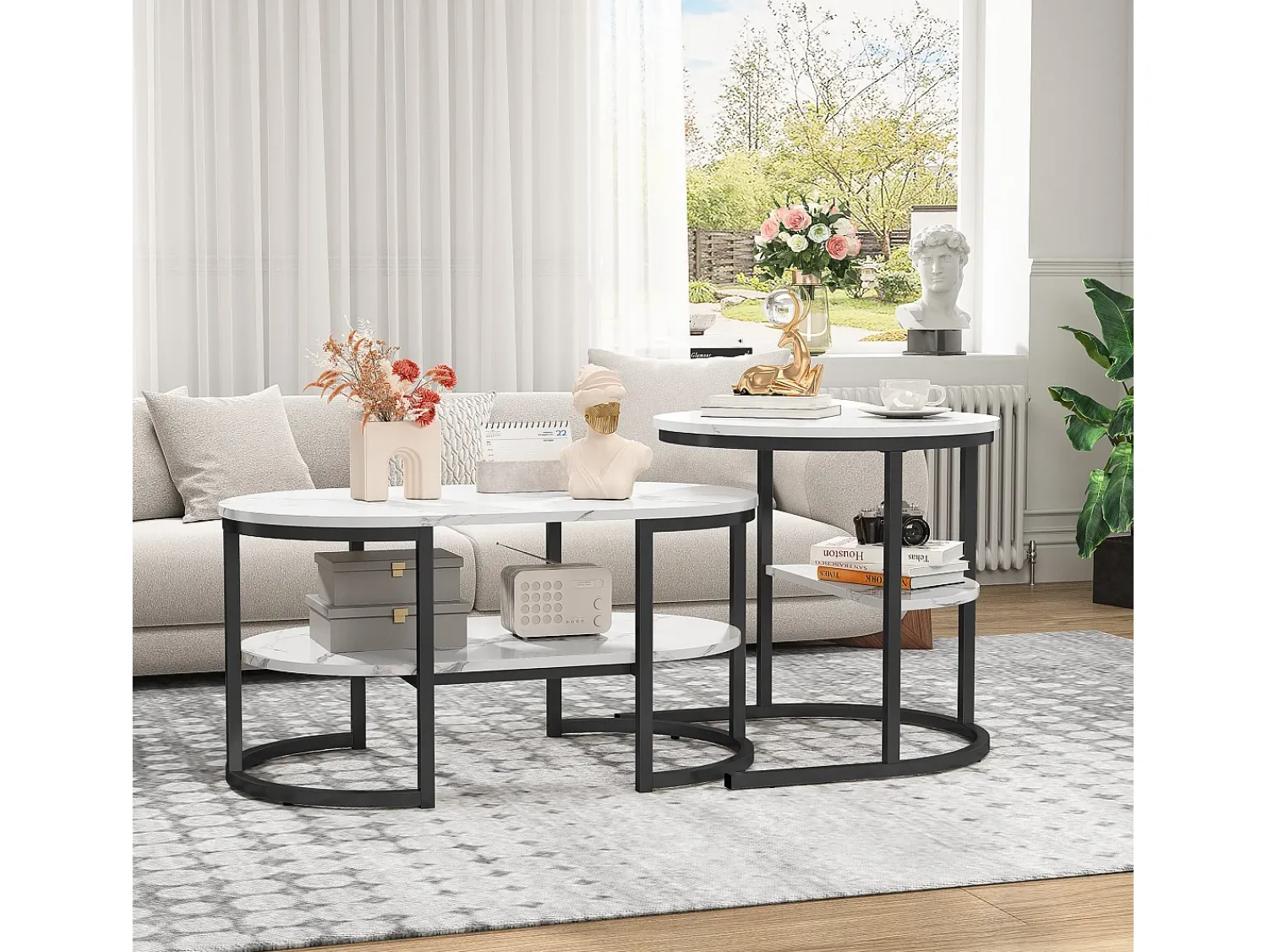 Mesa De Centro* Conjunto de 2 mesas de centro encaixáveis, mesa encaixável com design de mármore, estrutura de metal Preto