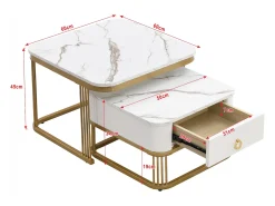 Discount Hauss Spole Conjunto de 2 mesas de centro quadradas empilháveis com gaveta, folheado de mármore , estrutura dourada Branco