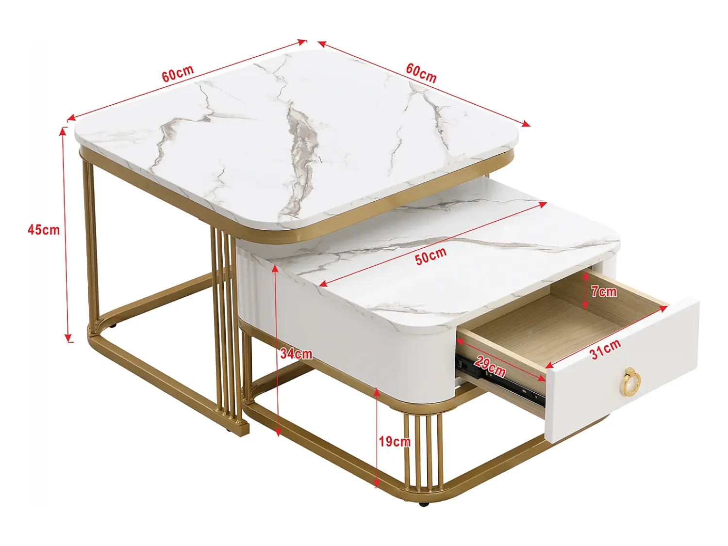 Discount Hauss Spole Conjunto de 2 mesas de centro quadradas empilháveis com gaveta, folheado de mármore , estrutura dourada Branco
