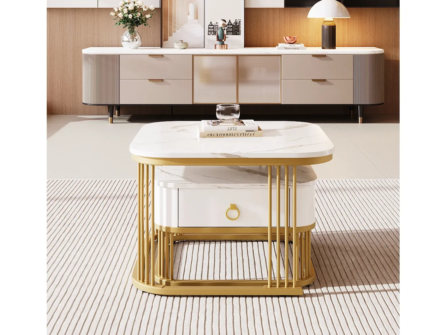 Discount Hauss Spole Conjunto de 2 mesas de centro quadradas empilháveis com gaveta, folheado de mármore , estrutura dourada Branco